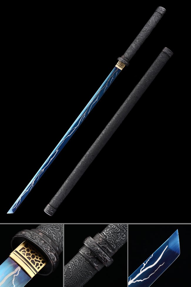 Manganese Steel Ninjato with Blue Lightning Blade - Black Dragon Saya & Gold Tsuba