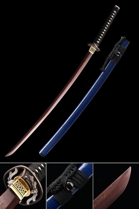 Handmade Japanese Katana Sword Pattern Steel Red Blade And Blue Scabbard