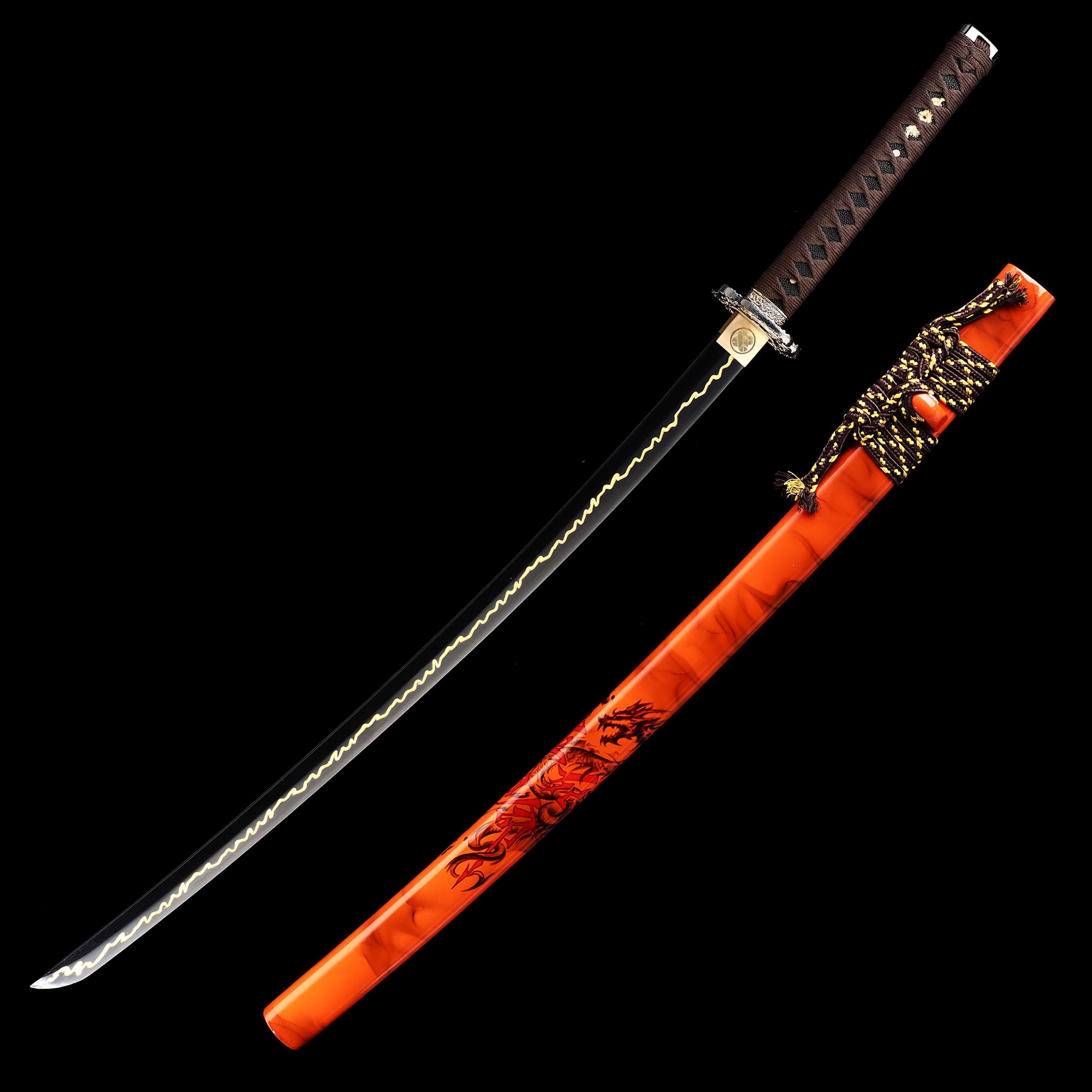 Orange Katana | Black Manganese Steel Katana with Orange Dragon