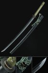 Tamahagane Steel Katana with Hamon Blade in Black Saya & Green Ito Wrap