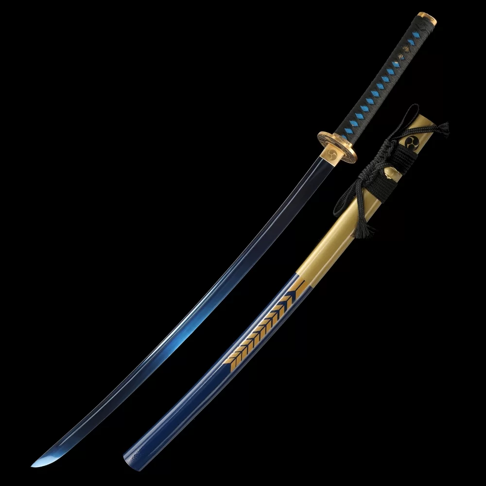 Spring Steel Blue Blade Katana with Snake Tsuba - Black & Gold