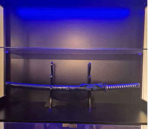 1045 Carbon Steel Blue Katana with Cherry Blossom Engraved Blade and Piano Lacquer Saya - Collectible Japanese Sword
