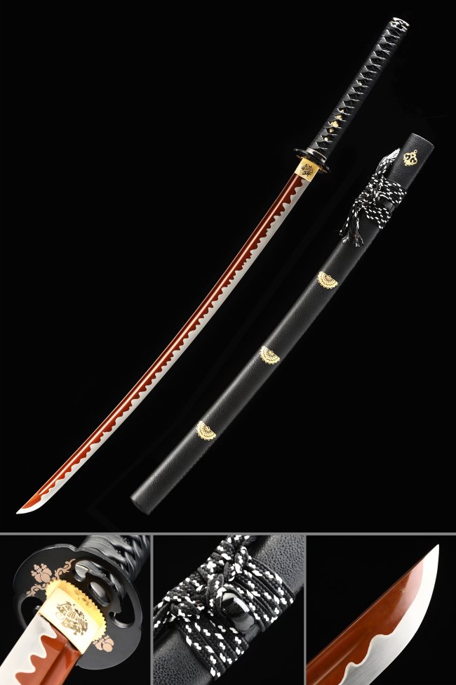 Red Blade Katana in Manganese Steel with Black Leather Saya - Flame Hamon, Ornate Scroll Tsuba