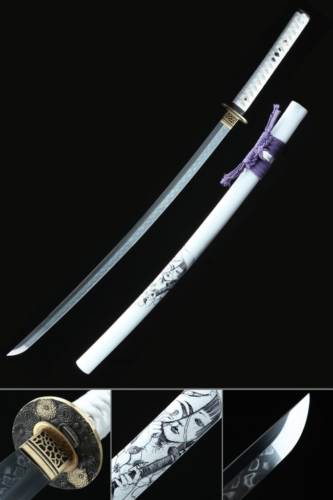 Chrysanthemum Tsuba T10 Carbon Steel Katana, Clay Tempered, Real Hamon & Folded Steel