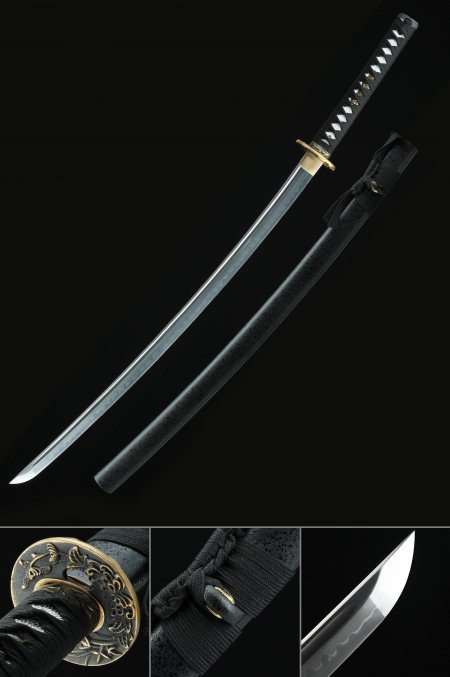 Épée Katana Japonaise Faite à La Main T10 En Acier Trempé D'argile Pliée Avec Fleur Tsuba