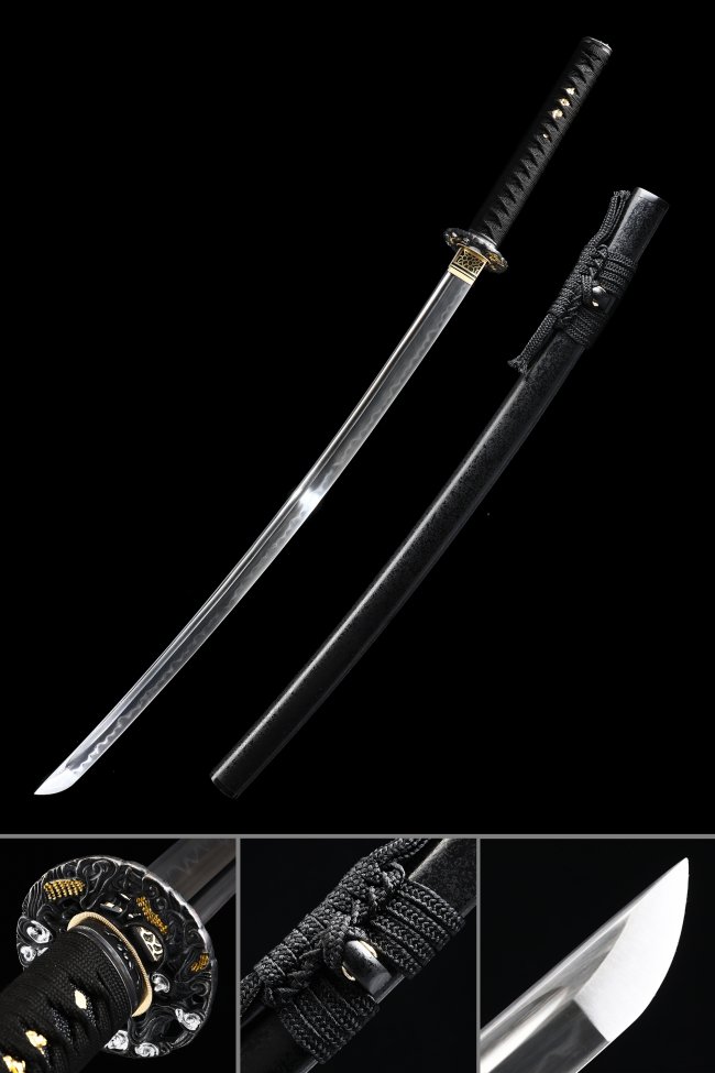 T10 Folded Clay Tempered Steel Katana with Real Hamon - Black Dragon Tsuba in Black Lacquered Saya