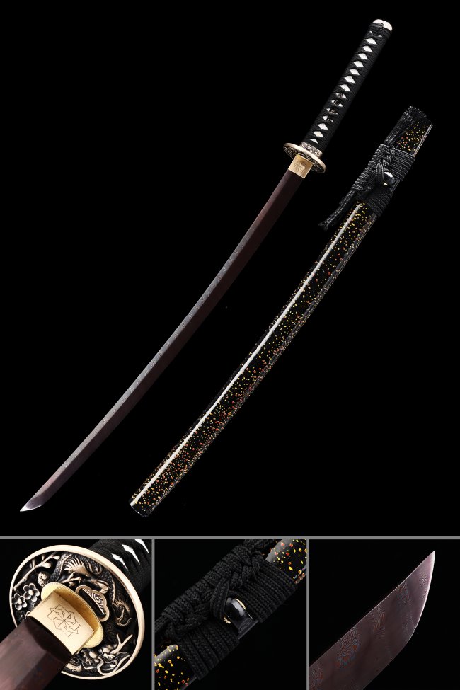 Damascus Steel Katana Dark Red Blade with Dragon Tsuba - Black Lacquer Saya with Multicolor Speckle