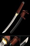 High Manganese Steel Tanto with Black Hardwood Saya - Brown Cord Handle & Gold-Gilt Copper Tsuba