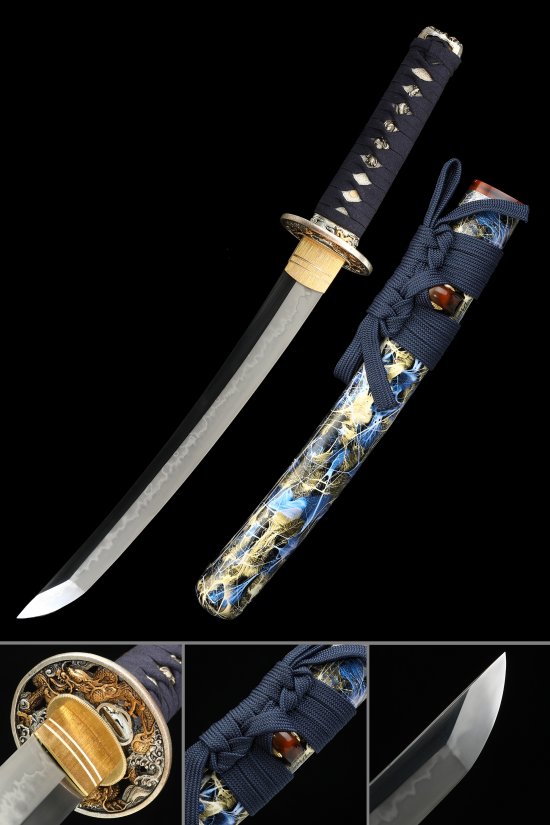 T10 Carbon Steel Tanto with Real Hamon in Dragon Tsuba - Blue-Gold Marble Saya, Dark Blue Ito