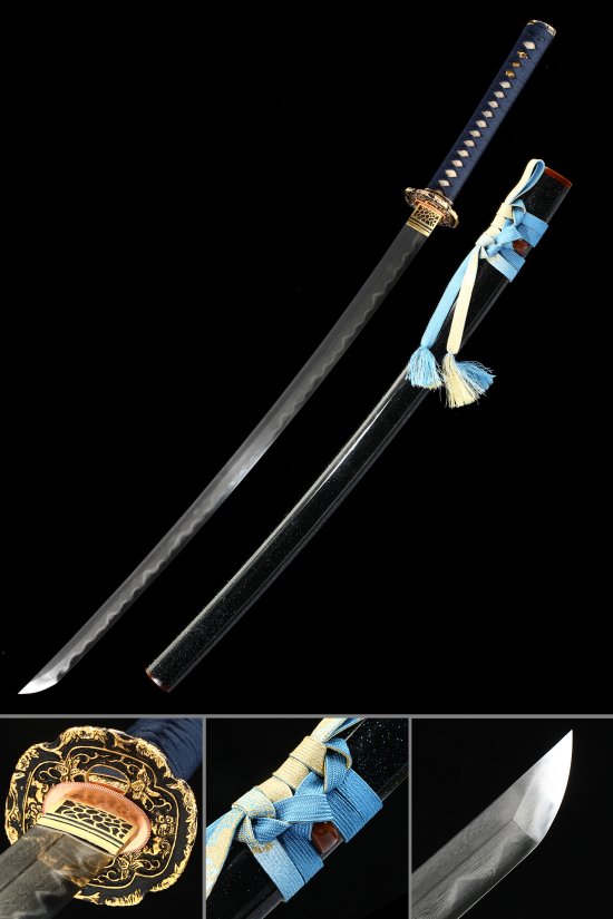 Folded Melaleuca Steel Katana with Real Hamon, Blue Cord Handle & Gold-Black Tsuba