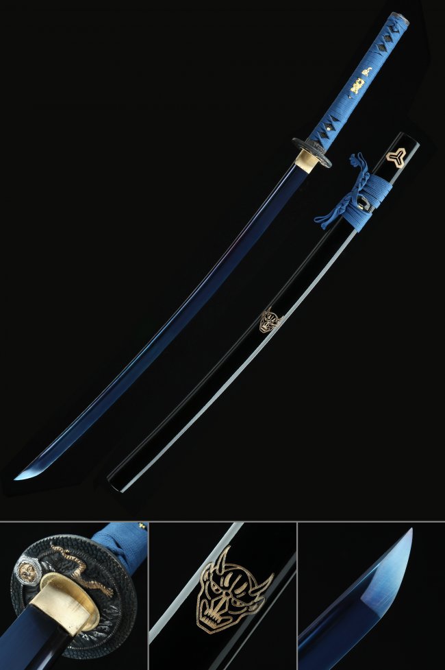 1060 Carbon Steel Katana Sword with Blue Blade and Dragon Tsuba in Black Piano Lacquer Saya