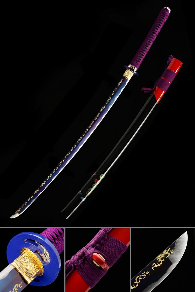 Folded Damascus Steel Katana with Blue Blade and Gold Accents in Purple Tsuka Wrap