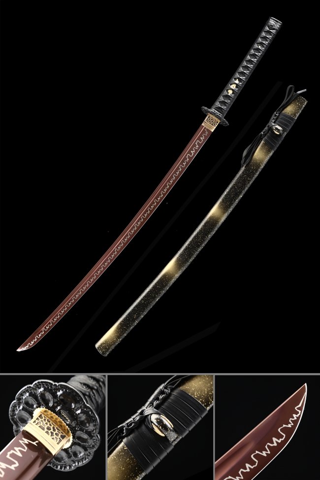 Red Blade Manganese Steel Katana with Lightning Hamon in Gold-Speckled Black Saya - Full Tang Collectible