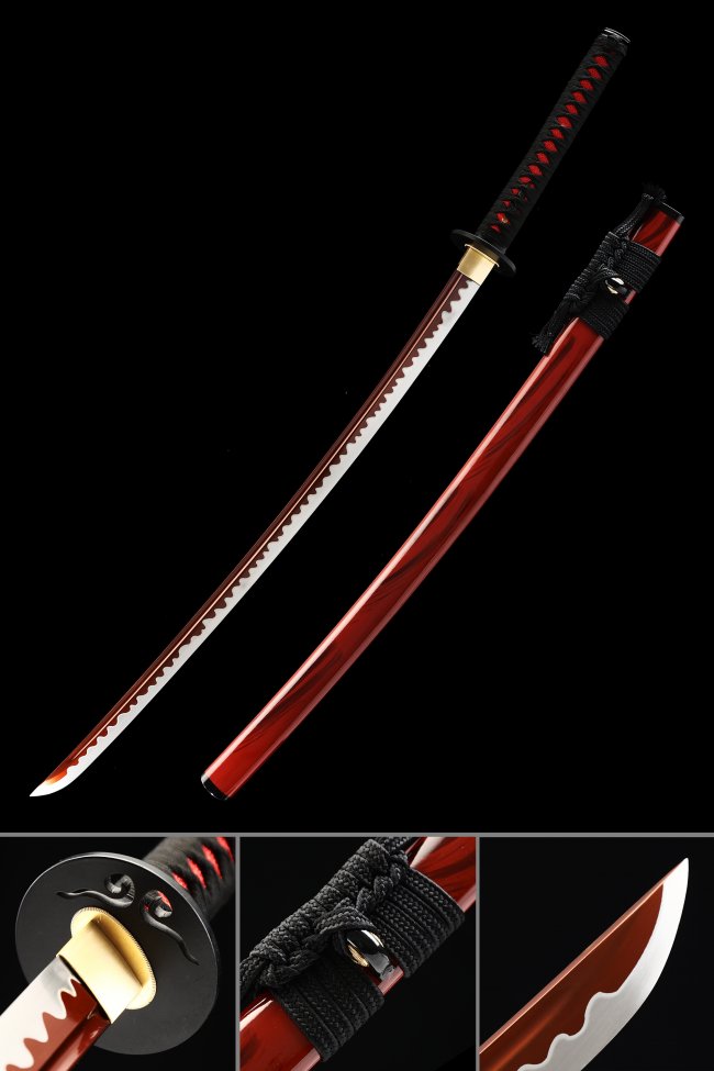Crimson Katana - Manganese Steel Red Blade with Jagged Hamon in Glossy Red Saya and Black Ito Wrap