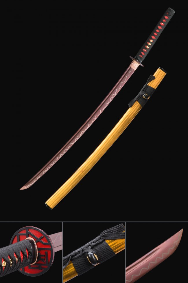 Rose Gold Blade Katana in Manganese Steel with Yellow Hardwood Saya - Black & Red Tsuka