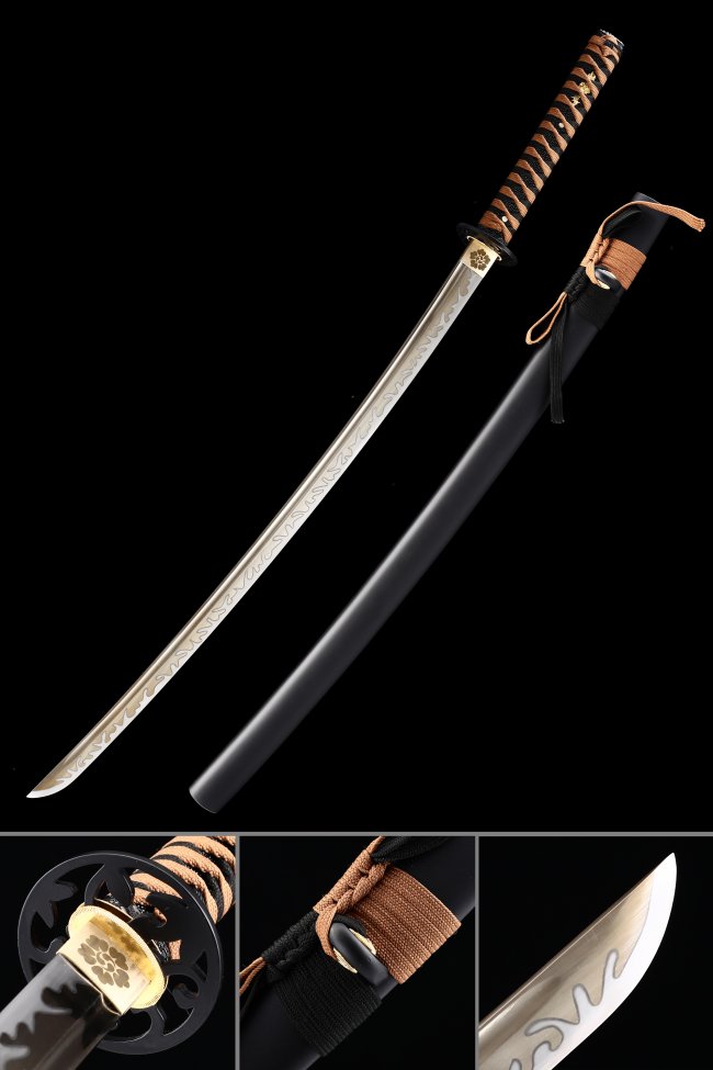 Manganese Steel Katana with Wave-Engraved Blade, Chrysanthemum Tsuba in Black Saya