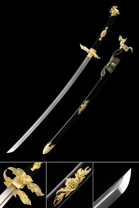 Handmade Japanese Sword High Manganese Steel With Black Scabbard And Golden Tsuba