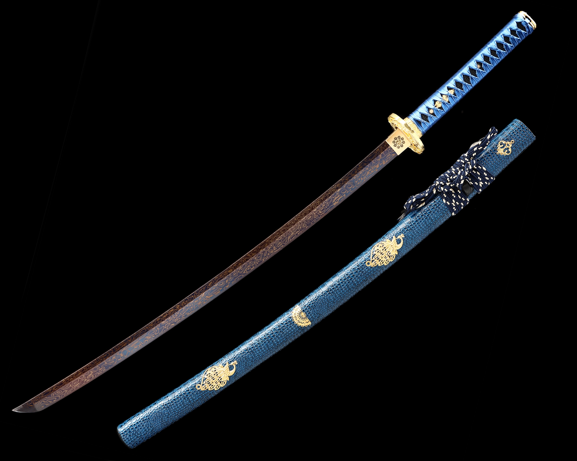 Blue Katana | Damascus Steel Full Tang Katana with Blue Leather