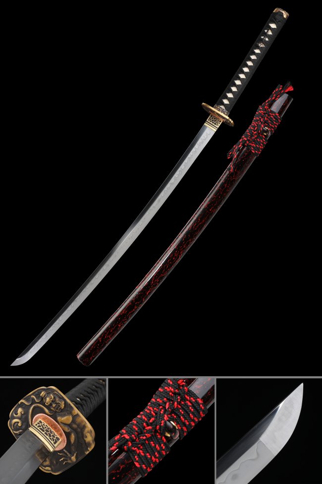 T10 Carbon Steel Katana with Real Hamon in Black-Red Lacquer Dragon Saya - Gold Lion Tsuba