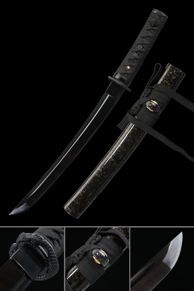 Snake Tsuba Manganese Steel Tanto, Full Tang, Handmade & Black Gold Saya