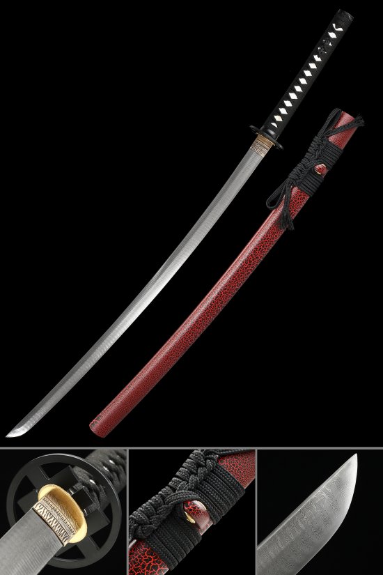 Damascus Steel Katana with Dark Red Crackle Lacquer Saya - Black Ito, Geometric Tsuba