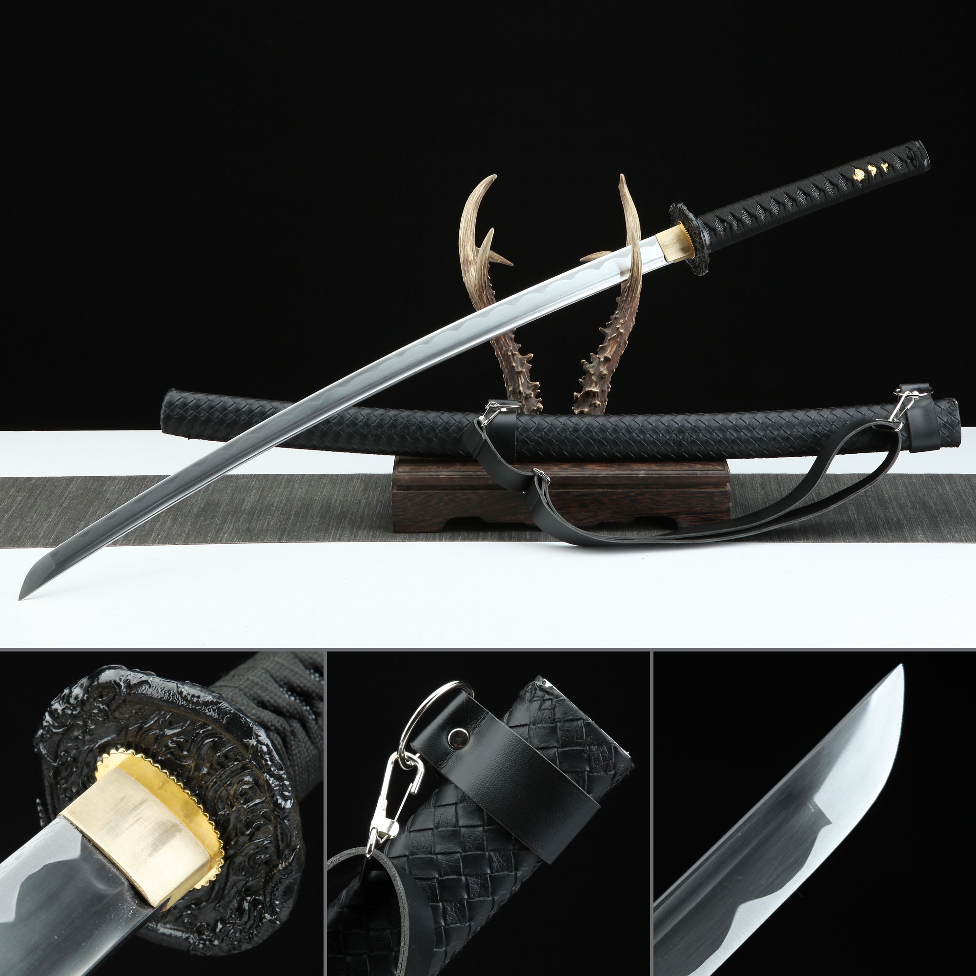 Handmade Carbon Steel Black Leather Saya Real Japanese Katana Samurai ...