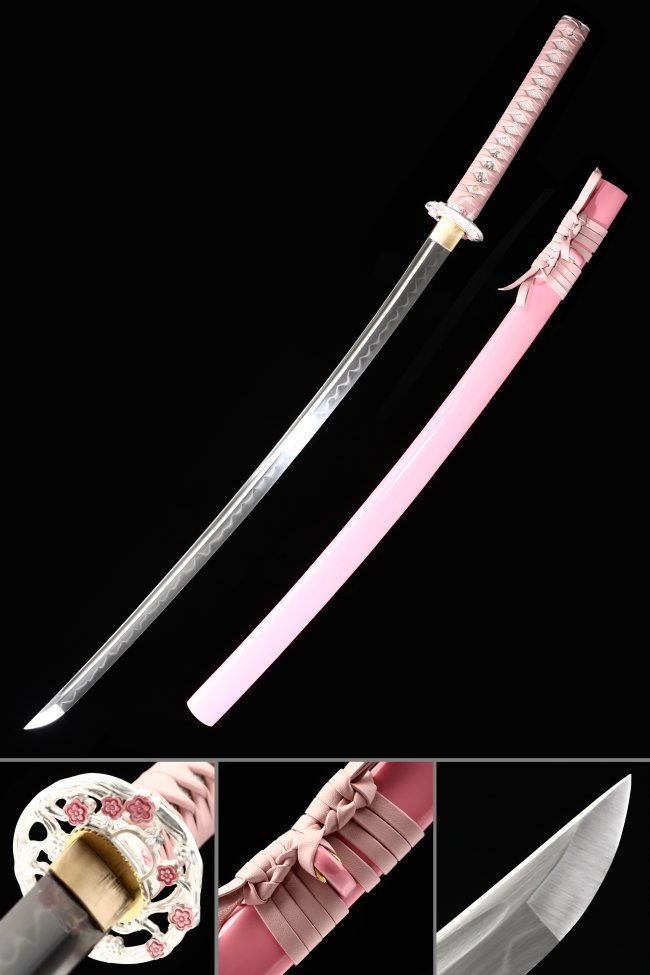 T10 Carbon Steel Clay Tempered Pink Katana with Cherry Blossom Tsuba and Piano Lacquer Saya