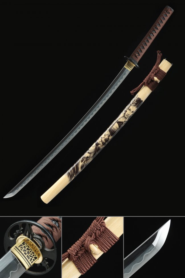 Ornate Scroll Tsuba Manganese Steel Katana, Full Tang, Handmade & Beige Samurai Saya