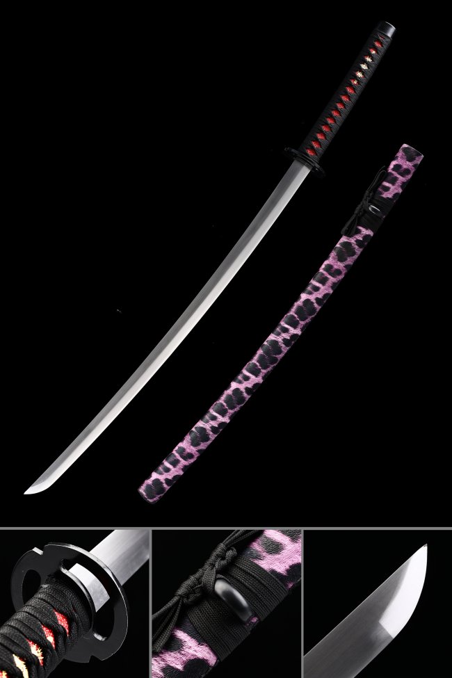 1060 Carbon Steel Katana with Pink Leopard PU Leather Saya and Black-Red Tsuka Wrap