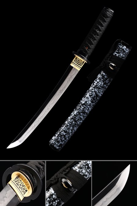 Handmade T10 Carbon Steel Real Hamon Japanese Tanto Sword With Blue Scabbard