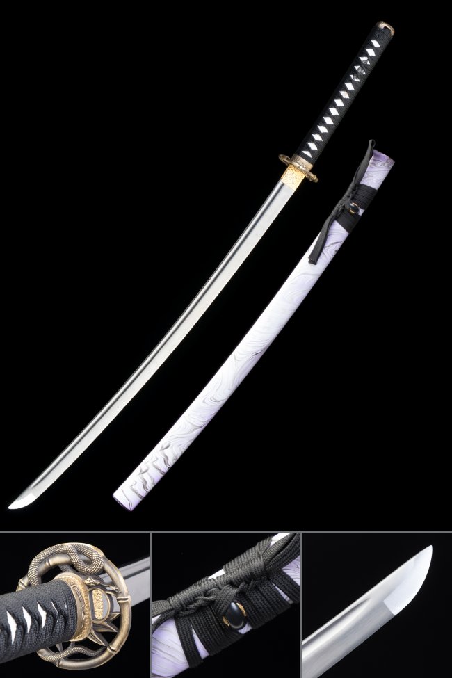 1060 Carbon Steel Katana with Bronze Snake Tsuba in White Cloud-Patterned Hardwood Saya