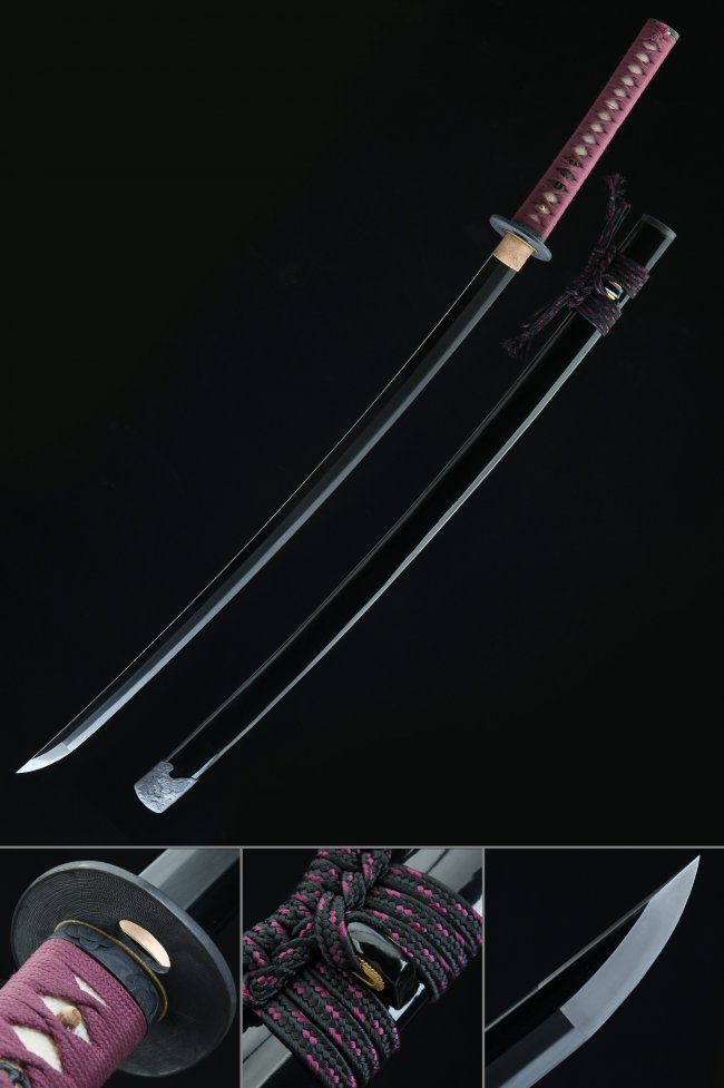 Real Hamon Tamahagane Steel Katana, Handcrafted, Black Saya & Purple Tsuka
