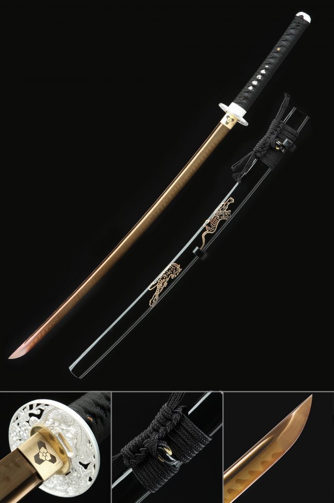 T10 Carbon Steel Katana with Rose Gold Clay Tempered Blade in Black Tiger-Engraved Saya with Dragon Tsuba