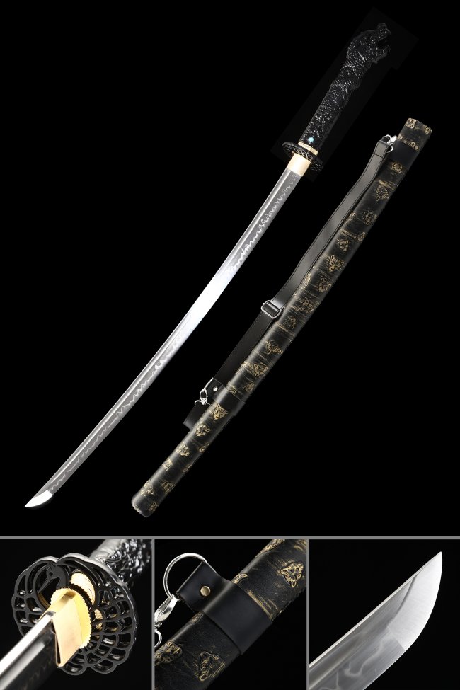 T10 Steel Katana with Dragon Tsuba in Black-Gold - Full Tang, Real Hamon, Leather Saya