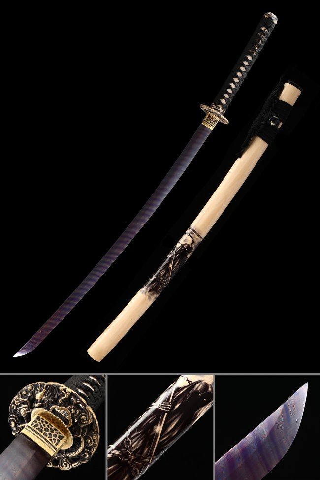 Damascus Steel Katana with Purple Blade, Gold Lion Tsuba & Natural Hardwood Saya