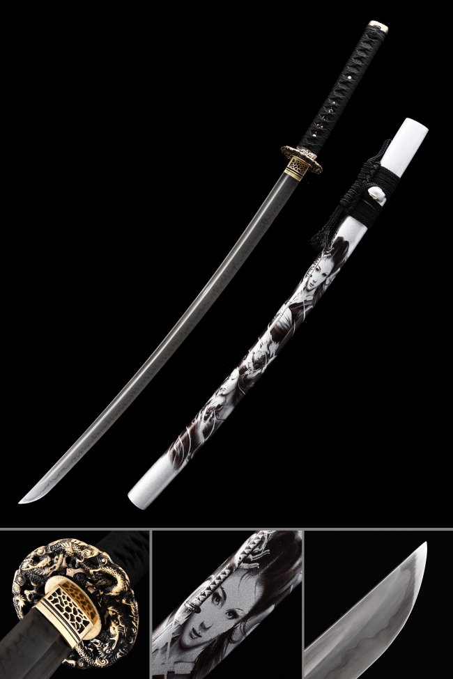 T10 Carbon Steel Katana with Printed White Saya - Gold-Black Dragon Tsuba, Black Ito