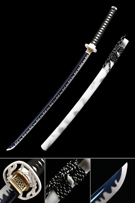 Épée De Samouraï Japonais Faite à La Main En Acier Au Manganèse Avec Lame Bleue Et Fourreau Blanc