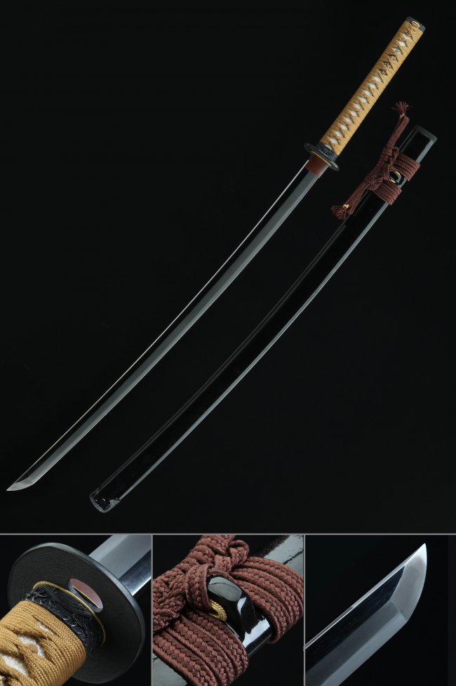 Tamahagane Steel Katana with Real Hamon - Black Lacquer Saya, Beige Cord Handle