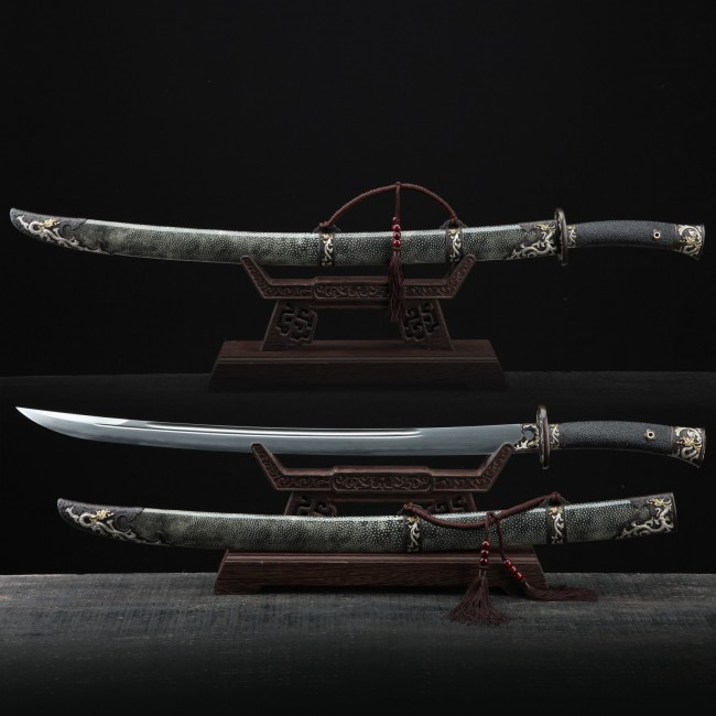 Chinese Oxtail Dao Saber Sword Broadsword Damascus Steel With Rayskin Scabbard