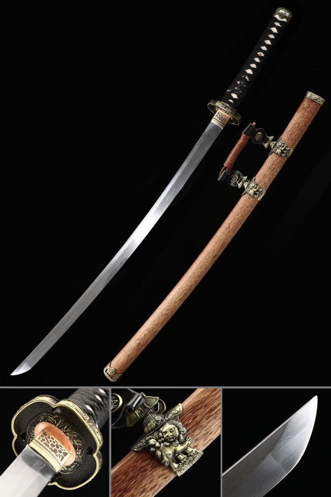 Damascus Steel Tachi Sword with Natural Hardwood Saya, Gold-Black Copper Tsuba & Black Ito