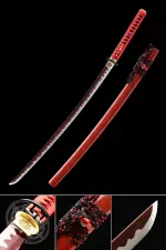 Handmade Japanese Katana Sword With Crimson Red Blade And Scabbard