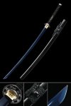 Handmade Japanese Katana Sword With Blue Blade And Black Leather Scabbard