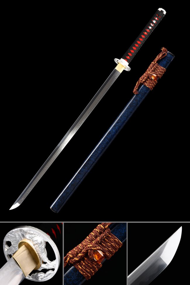T10 Carbon Steel Ninjato with Real Hamon in Dark Blue Lacquer Saya - Phoenix Tsuba
