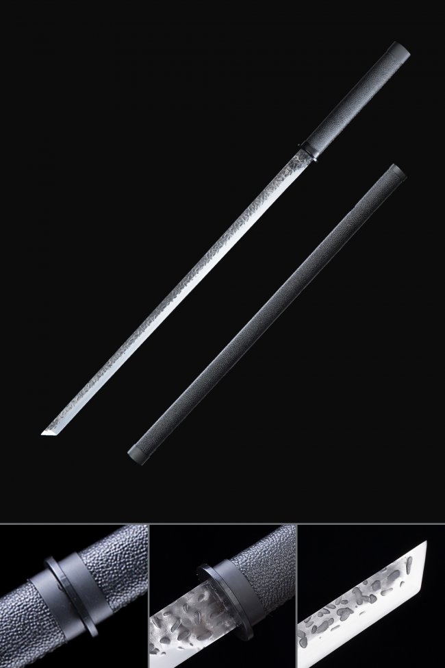 T10 Steel Clay-Tempered Ninjato Sword with Black PU Leather Saya and Iron Tsuba - Full Tang Collectible