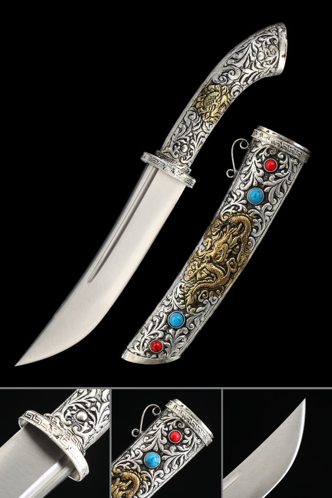 Tibetan Short Sword - Carbon Steel With Silver Gold Dragon Sheath & Coral Stone Inlay 11 Inches