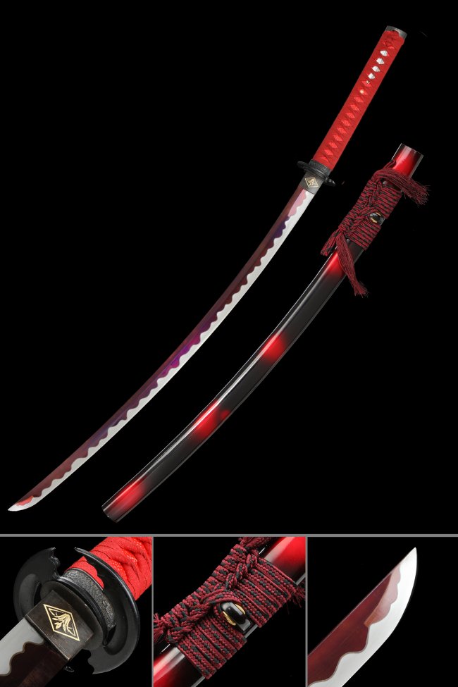 1060 Carbon Steel Katana with Red-Purple Blade, Red Tsuka-Ito & Black-Red Lacquered Saya