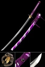Damascus Steel Full Tang Purple Katana with Python Tsuba - Purple & White Saya