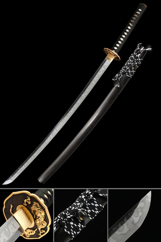 T10 Carbon Steel Katana with Dragon Tsuba in Black Lacquer Saya - Gold & Black Collectible