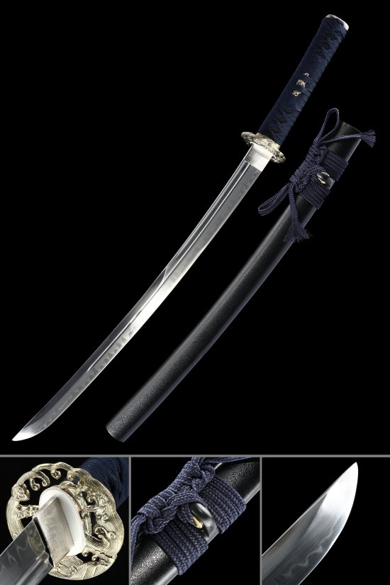 Ornate Scroll Tsuba T10 Carbon Steel Wakizashi, Black Saya, Dark Blue Tsuka & 30"