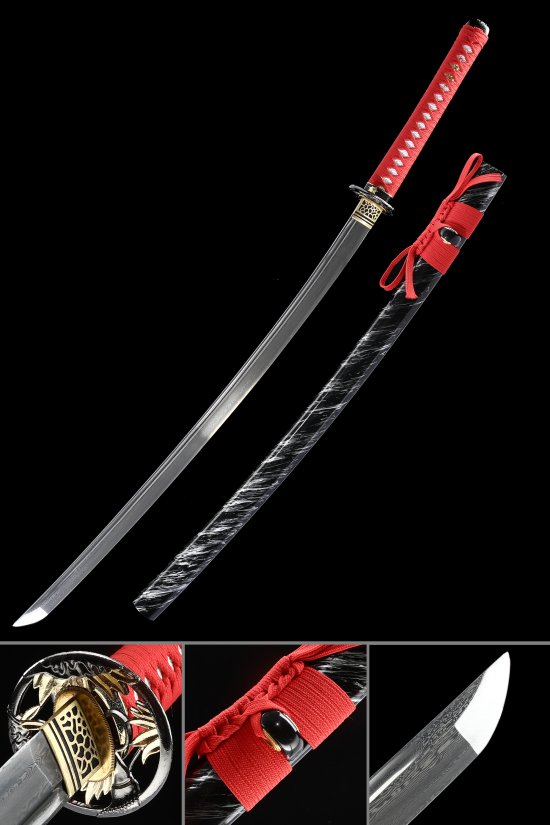 Folded Melaleuca Steel Katana with Dragon Tsuba - Red Ito, Black Lacquer Saya